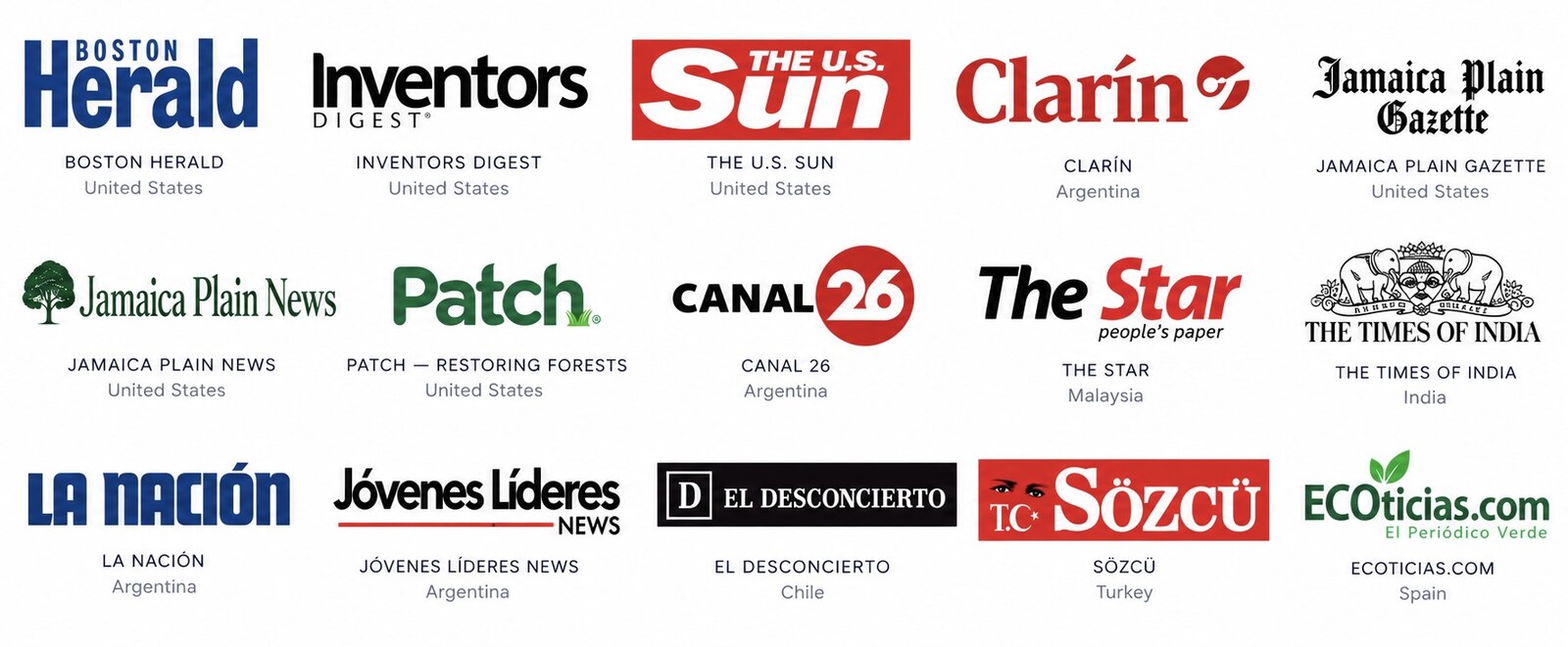 Logos of media outlets that have featured Kaia Minn: Boston Herald, Inventors Digest, The U.S. Sun, Clarín, Jamaica Plain Gazette, Jamaica Plain News, Patch, Canal 26, The Star, The Times of India, La Nación, Jóvenes Líderes News, El Desconcierto, Sözcü, and Ecoticias.com